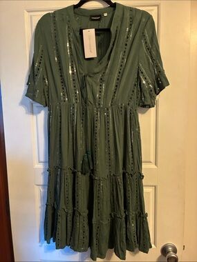 Kohinoor Olive Tiered Sequin Midi Dress